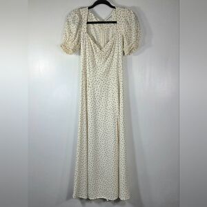 REFORMATION LACEY SMOCKED SLEEVE POLKA DOT MIDI DRESS.